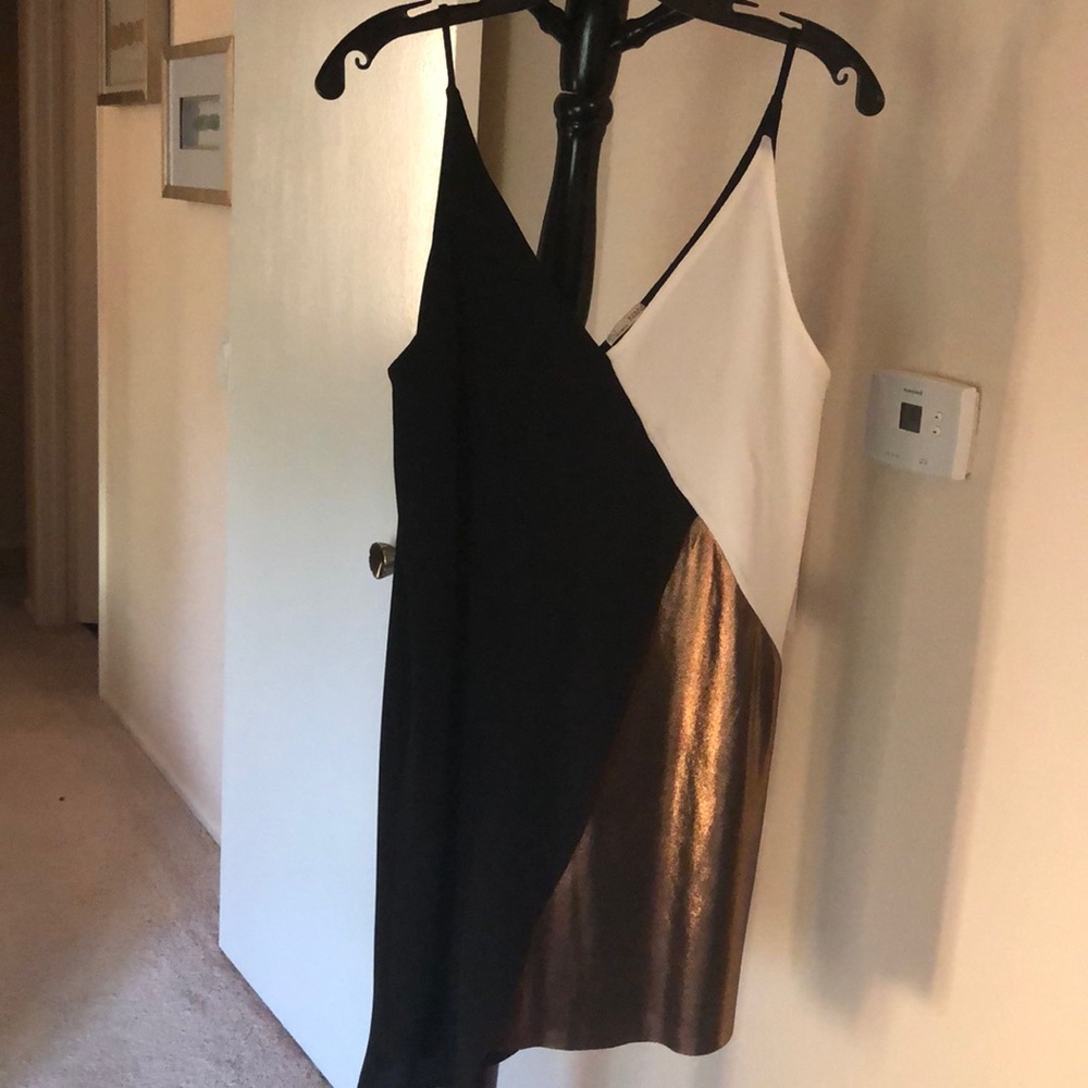 Zara black/white/bronze color block top